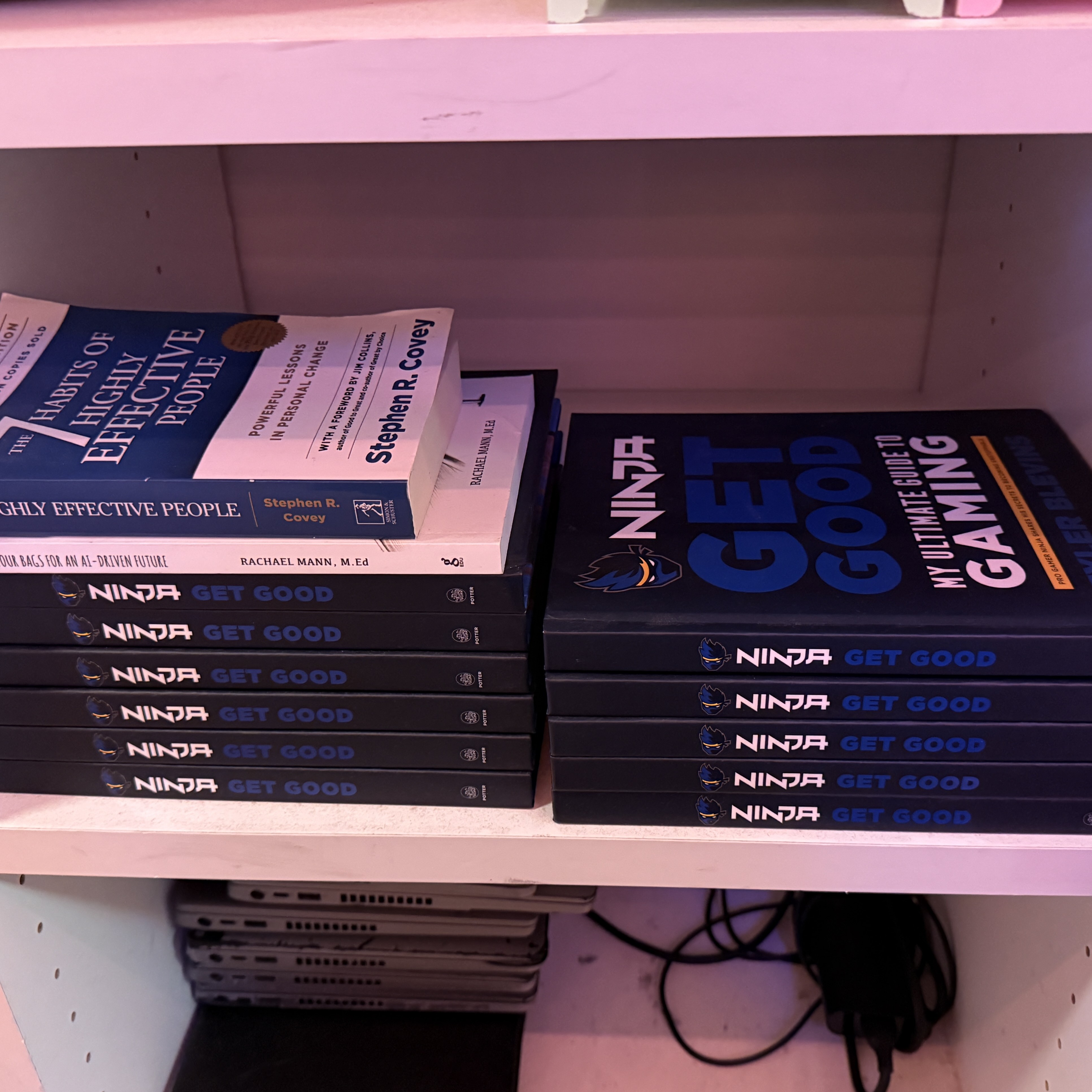 Ninja Get Good gaming guide books on a shelf